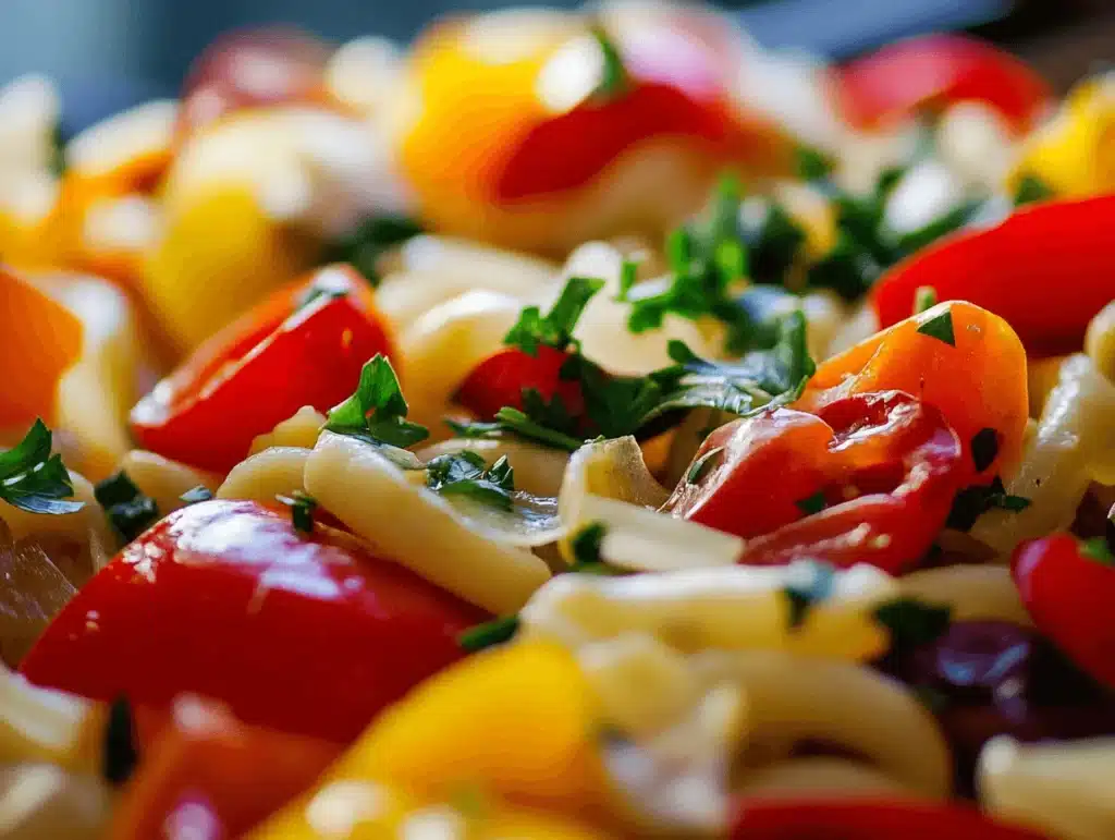 A colorful pasta salad with cherry tomatoes, fresh herbs, and short pasta, tossed in a light dressing.