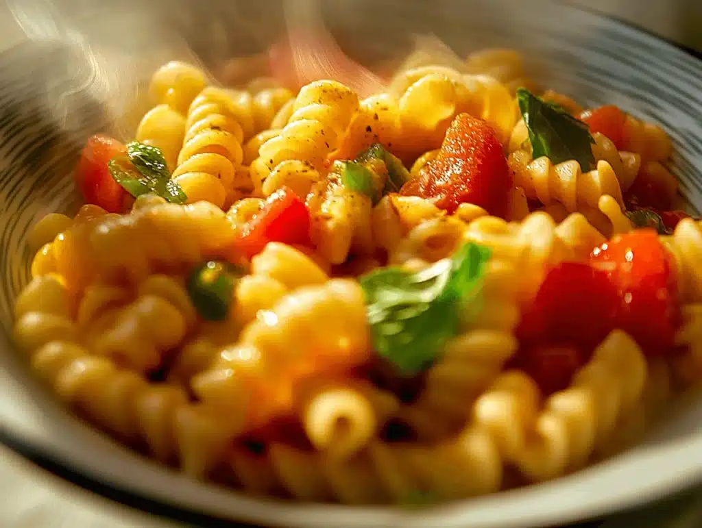 A steaming bowl of fusilli pasta with tomatoes, fresh basil, and a light sauce.