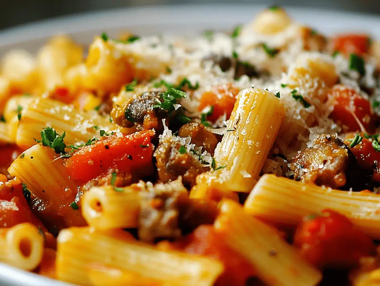 A close-up of rigatoni pasta with vegetables, ground meat, and grated cheese, garnished with fresh parsley