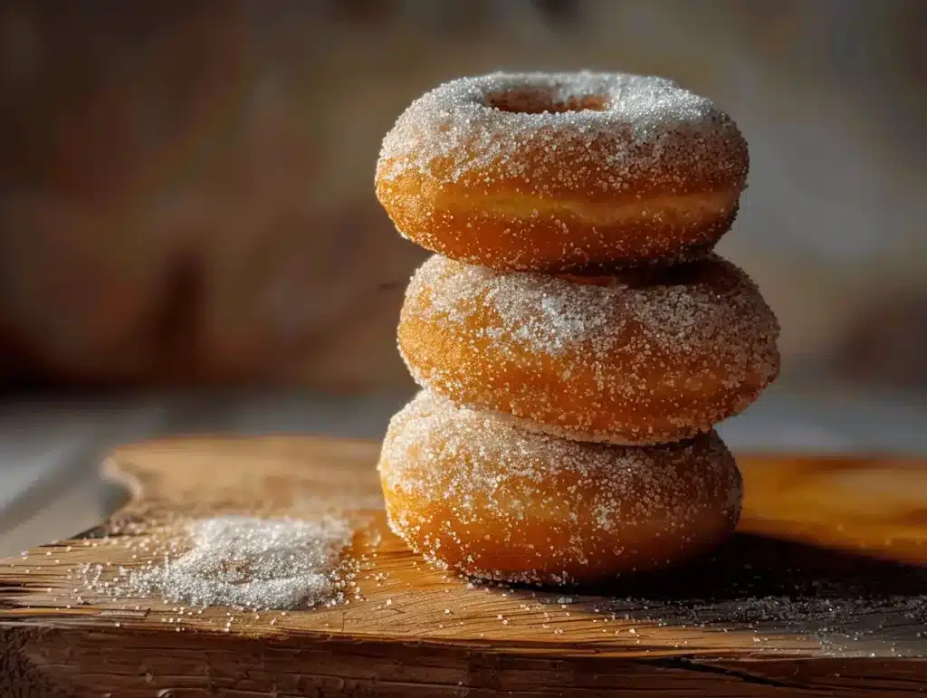 A stack of three sugar-coated donuts on a rustic wooden board.