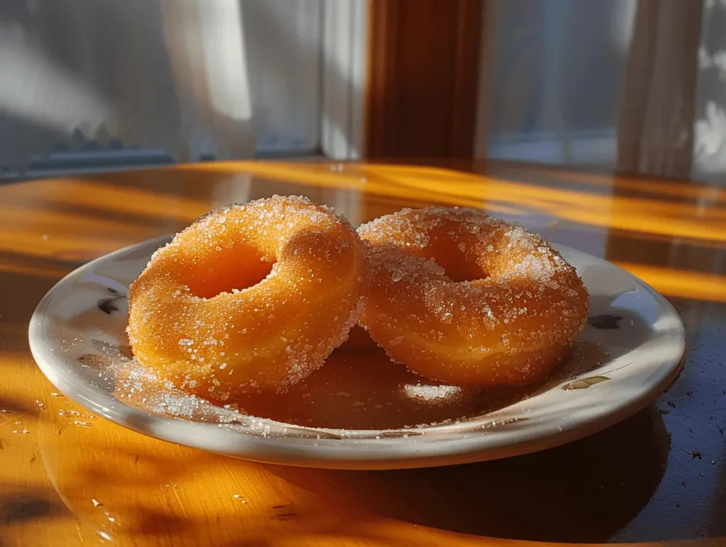 Two sugar-coated donuts on a plate in soft sunlight.