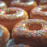 Close-up view of glazed donuts topped with colorful sprinkles.