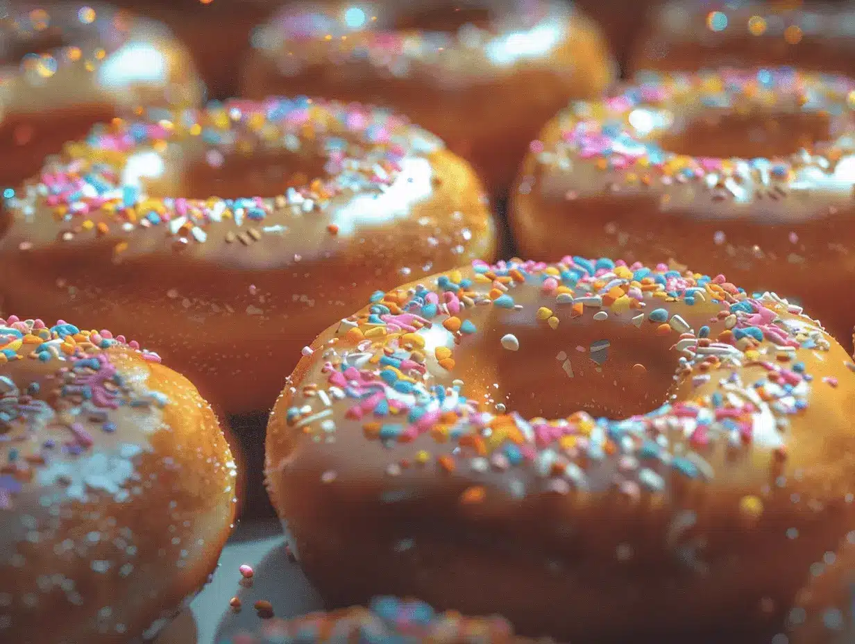 Close-up view of glazed donuts topped with colorful sprinkles.