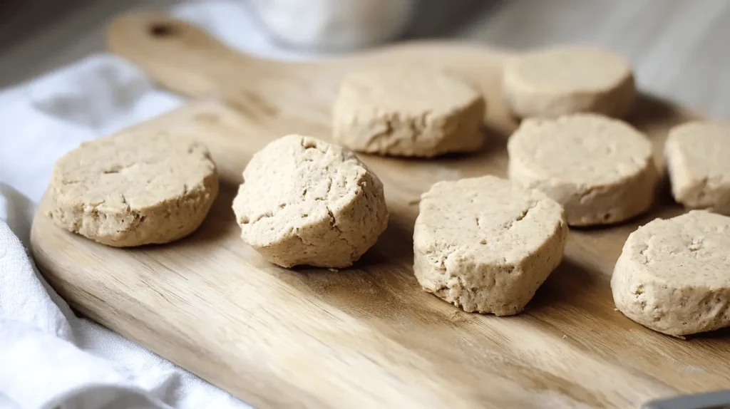 Cut biscuit dough rounds on a wooden cutting board.