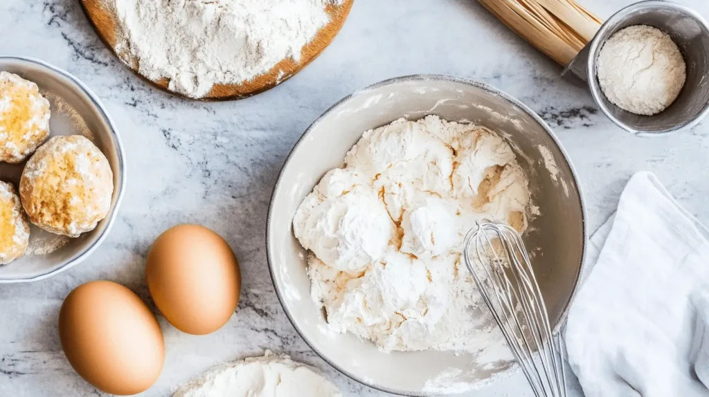 A bowl of biscuit dough surrounded by eggs and flour on a marble countertop