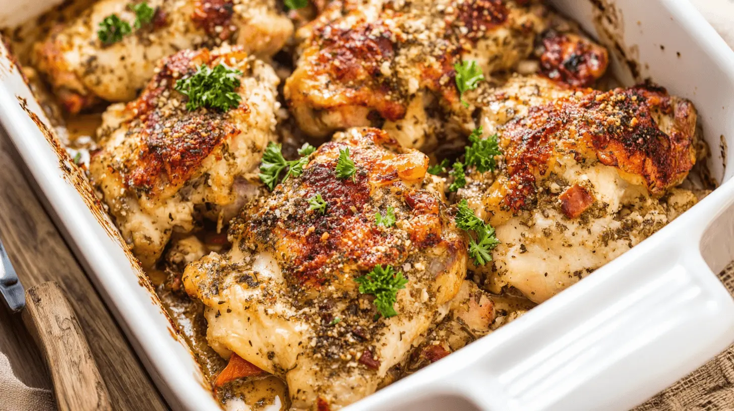 Crispy baked ranch chicken thighs in a white baking dish, garnished with fresh parsley.