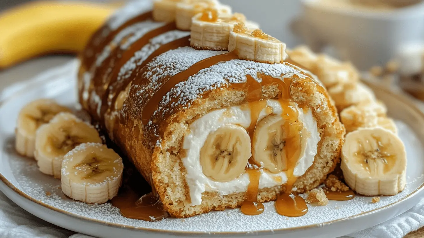 Banana caramel roulade rolled with whipped cream and whole bananas, garnished with extra banana slices and caramel drizzle