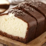 A sliced Philadelphia cream cheese chocolate pound cake with a rich chocolate crust and a soft, creamy vanilla center, topped with chocolate pieces.