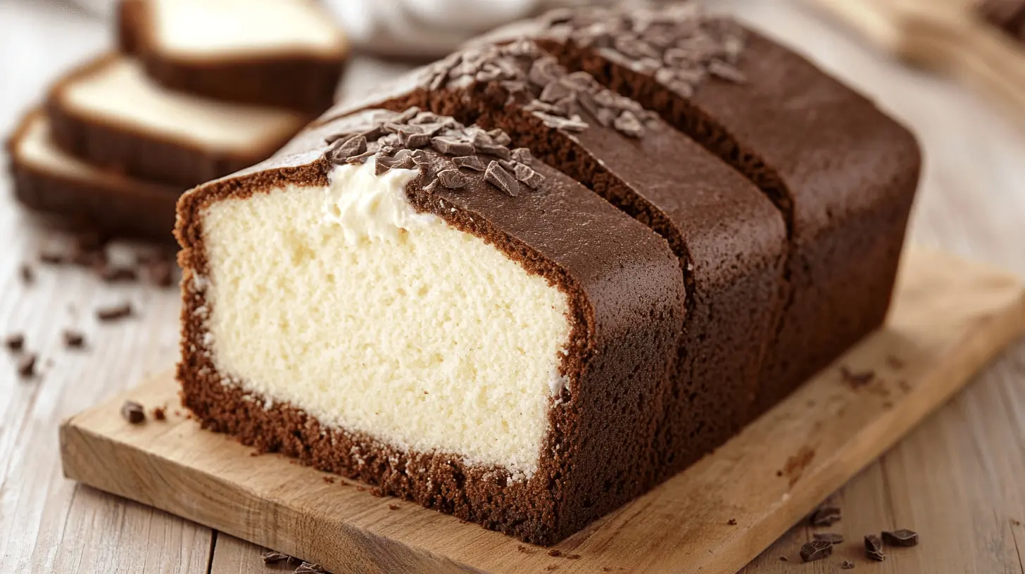 A sliced Philadelphia cream cheese chocolate pound cake with a rich chocolate crust and a soft, creamy vanilla center, topped with chocolate pieces.