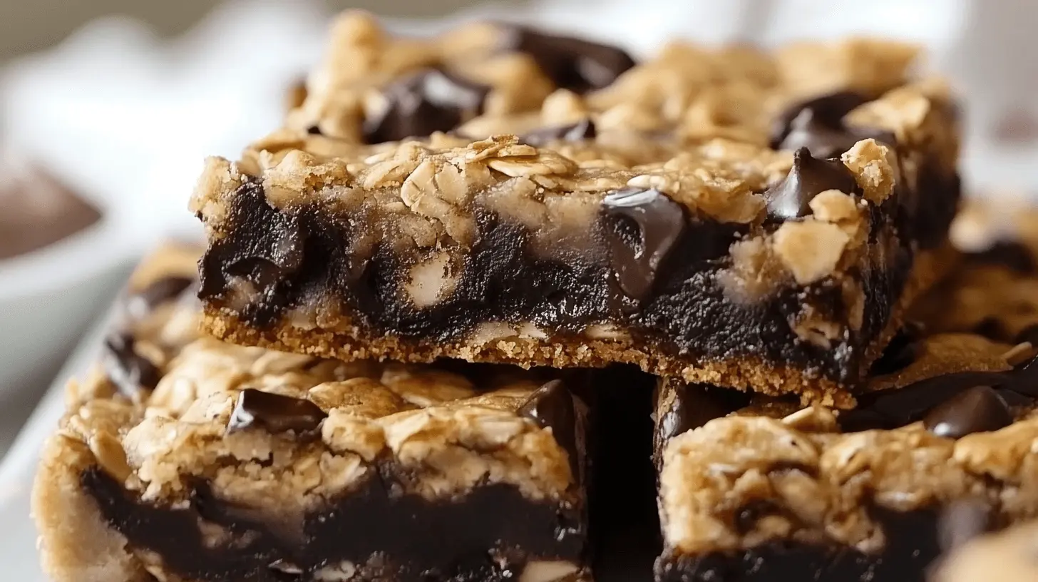 Gooey chocolate chip baked oatmeal bars stacked on a plate.