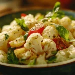 A delicious cauliflower salad with roasted florets, cherry tomatoes, and fresh greens in a blue bowl, garnished with basil and black pepper, on a wooden surface.