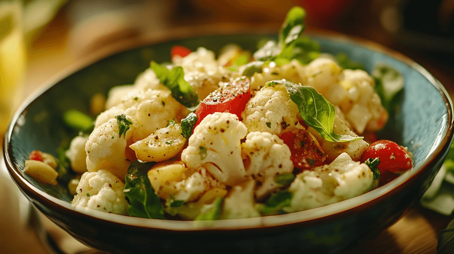 A delicious cauliflower salad with roasted florets, cherry tomatoes, and fresh greens in a blue bowl, garnished with basil and black pepper, on a wooden surface.