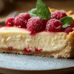 Close-up of a cheesecake tart slice with a creamy filling, graham cracker crust, topped with raspberries and mint on a gray plate.