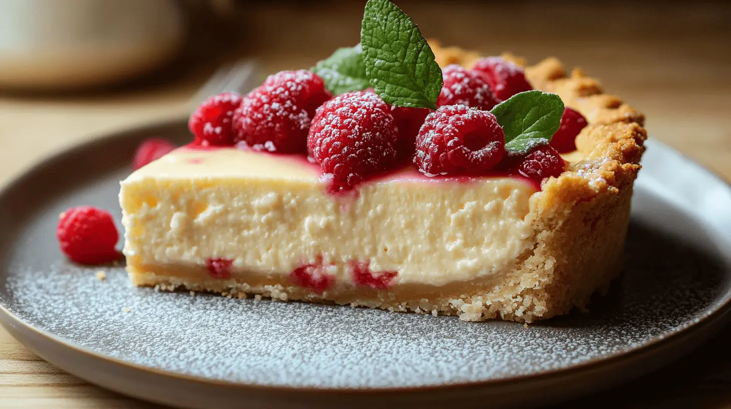 Close-up of a cheesecake tart slice with a creamy filling, graham cracker crust, topped with raspberries and mint on a gray plate.