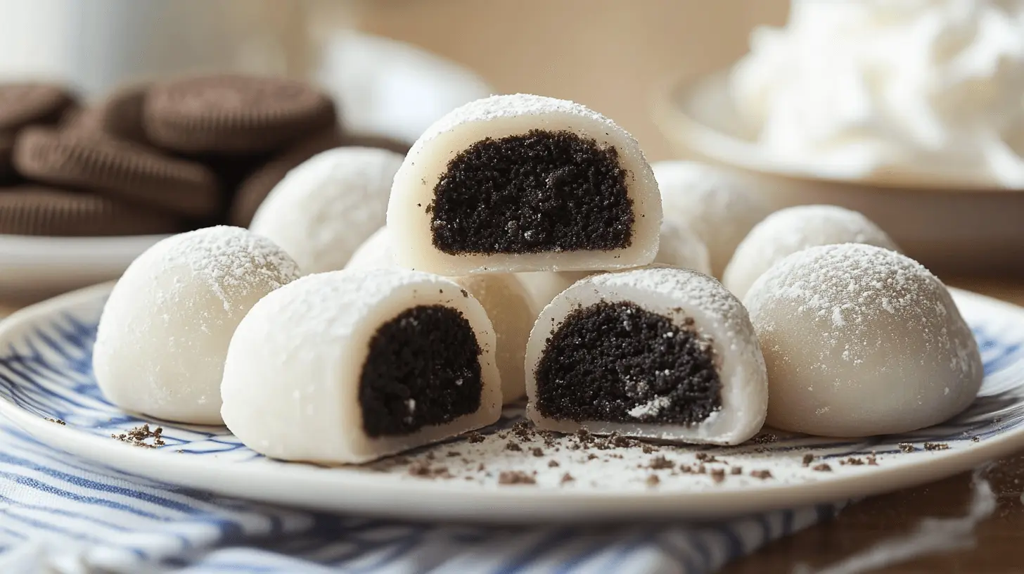 A white plate with several round Oreo mochi balls dusted with powdered sugar, some cut open to reveal a black Oreo filling, with whole Oreo cookies in the background.