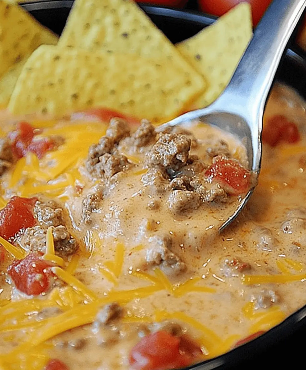 A close-up of creamy Rotel dip with ground beef, melted cheese, and diced tomatoes, served with tortilla chips
