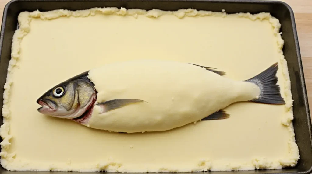 Whole fish fully encased in the salt trick recipe crust, ready for baking.