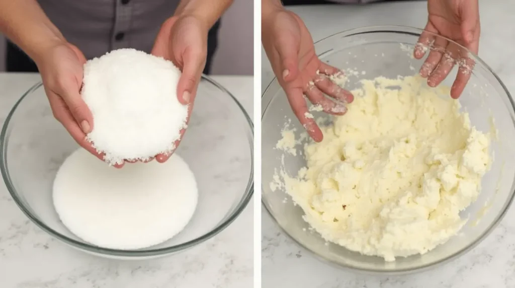 Mixing coarse salt and egg whites by hand to form the dough for the salt trick recipe.