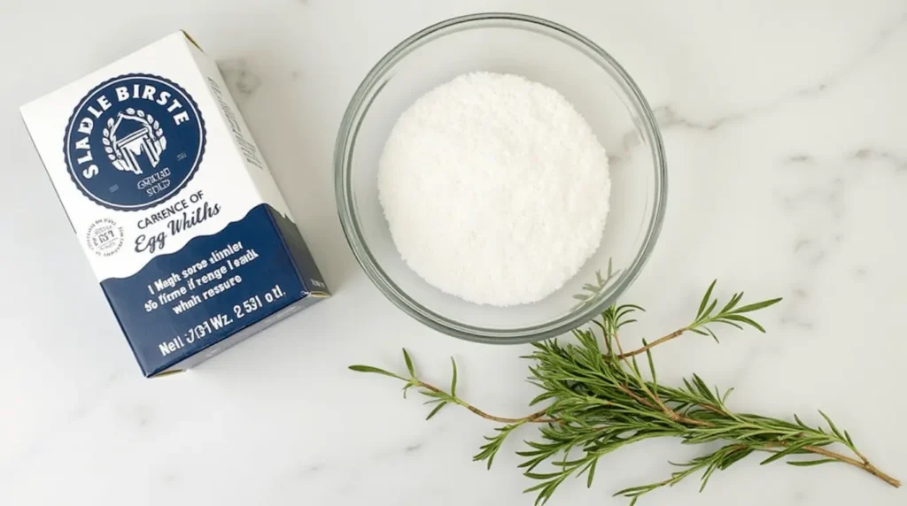  Ingredients for the salt trick recipe: coarse kosher salt, egg whites, and fresh rosemary.