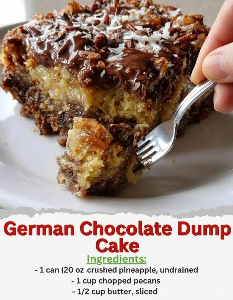 Moist German Chocolate Dump Cake topped with melted chocolate, coconut, and pecans on a white plate.