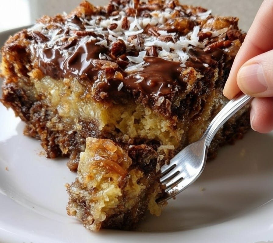 Moist German Chocolate Dump Cake topped with melted chocolate, coconut, and pecans on a white plate.