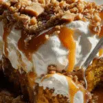 A close-up shot of a slice of pumpkin cake topped with whipped cream, caramel drizzle, and crunchy nut crumble, with a spoon taking a scoop.