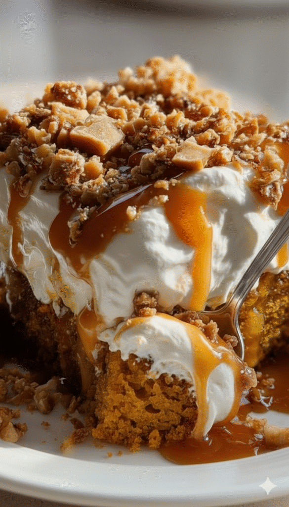A close-up shot of a slice of pumpkin cake topped with whipped cream, caramel drizzle, and crunchy nut crumble, with a spoon taking a scoop.