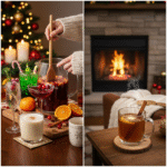 A cozy Christmas setup featuring festive drinks like spiced punch, eggnog, and hot tea with cinnamon, surrounded by oranges, cranberries, and holiday decorations near a fireplace.